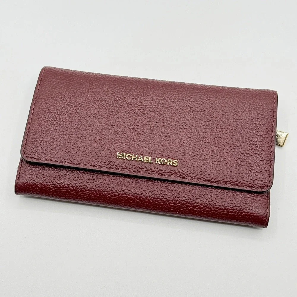 Michael Kors Adele Slim Flap Wallet Burgundy Pebbled Leather Gold Hardware OS